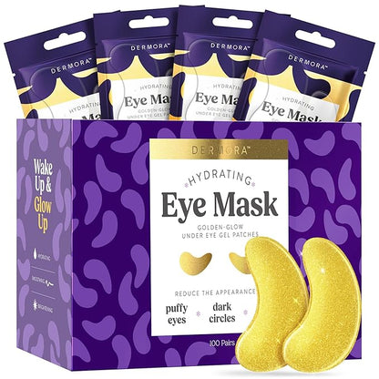 DERMORA Golden Glow Under Eye Patches (100 Pairs Eye Gels) - Rejuvenating Treatment for Dark Circles, Puffy Eyes, Refreshing, Revitalizing, Travel, Wrinkles