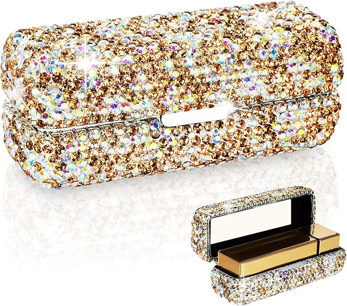 Lipstick Case with Mirror, Rhinestone Crystal Lipstick Organizer Organizer