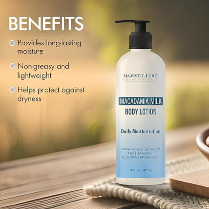 Majestic Pure Macadamia Milk Daily Moisturizing Body Lotion with Aloe Leaf Extracts | Nourishing & Moisturizing | Quick Absorbing, Lightweight & Non Greasy | For All Skin Types | 16fl oz