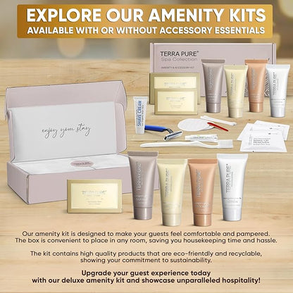 Terra Pure Spa Collection Amenity & Accessory Kit |1 oz Travel Size Shampoo, Conditioner, Lotion, Body Wash, 2 Soap Bars, Shave & Dental Sets, Make-Up Remover Wipes, & Vanity Kit | 1 set per case