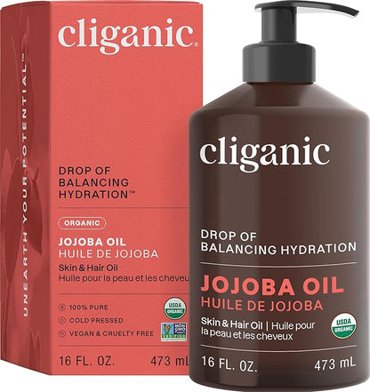 Cliganic Organic Jojoba Oil 16oz with Pump, 100% Pure | Bulk, Moisturizing Oil for Face, Hair, Skin & Nails | Natural Cold Pressed (Packaging May Vary)