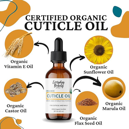 Organic Cuticle & Nail Oil - Repair, Revitalize & Hydrate Cuticles and Nails - Organic Spa Treatment - For Stronger Healthier Nails and Cuticles - 2 Fl Oz Glass Bottle with Glass Dropper