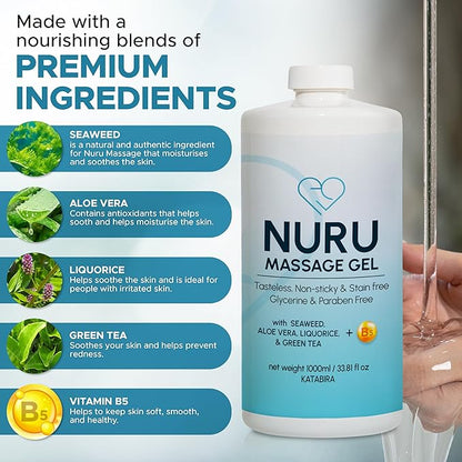 Japanese Nuru Massage Therapy Gel | Aloe Vera, Seaweed, Green Tea, Liquorice, & Vitamin B5 | 33.81 fl oz
