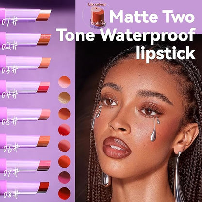 Pink Lip Gloss Two Tone Matte Lipstick, Long Lasting Moisturize Non-Sticky Bitten Lip-look Lip Makeup, Silk Finish Matte Lipstick, High Pigment 2 In1 Two-Tone Lip Waterproof Lipstick for Women (#04)