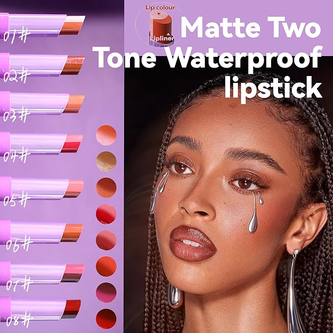 Pink Lip Gloss Two Tone Matte Lipstick, Long Lasting Moisturize Non-Sticky Bitten Lip-look Lip Makeup, Silk Finish Matte Lipstick, High Pigment 2 In1 Two-Tone Lip Waterproof Lipstick for Women (#05)