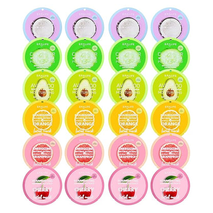SpaLife Beauty Fruit Facial Sheet Masks 24 Pack – Face Masks Skincare Set – Hydrating Face Masks – 6 Natural Fruit Extract Formulas – Orange, Grapefruit, Coconut, Cherry, Avodcado, Cucumber