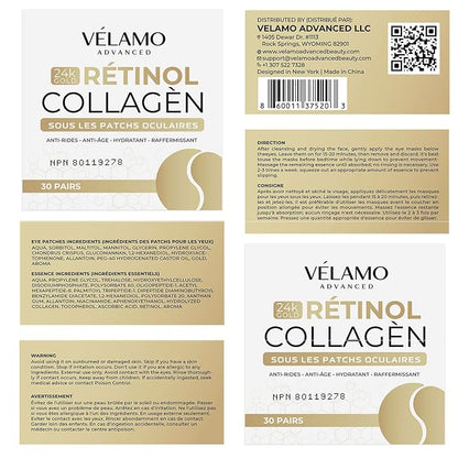 VELAMO ADVANCED Under Eye Patches: 24K Gold Under Eye Mask for Puffy - Retinol Patchology Eye Patches for Wrinkles and Dark Circles Puffiness- Collagen Under Eye Bags Treatment for Women Men 60 Pcs