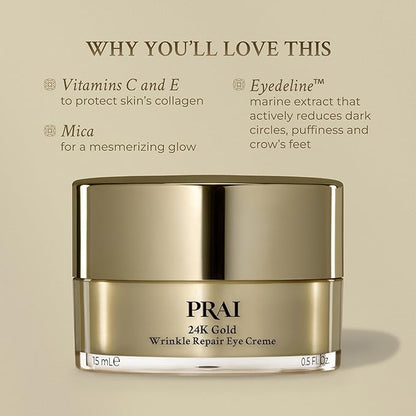 PRAI Beauty 24K Gold Wrinkle Repair Eye Creme - Anti-Aging and Anti-Wrinkle Eye Cream - Infused with Hyaluronic Acid and Real 24K Gold, 0.5 Oz