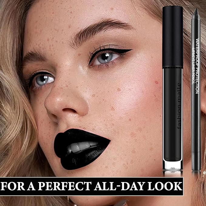 2Pcs Black Lip Liner and Lipstick Set,Matte Black Smudge