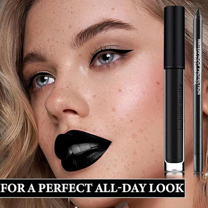 2Pcs Black Lip Liner and Lipstick Set,Matte Black Smudge