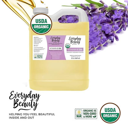 Organic Vitamin E Oil - Bulk 32 oz Heavenly Lavender Scented USDA Certified 100% All Natural Plant Based - Great for Scars After Surgery - For Face, Skin and Nails - Reduce Wrinkles, Anti Aging
