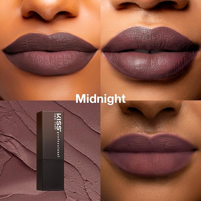 KISS NEW YORK Professional Rich Pigmented Lipstick, Smooth&Creamy Satin Finish, Long Lasting, Infused with Shea Butter and Vitamin E (Midnight)
