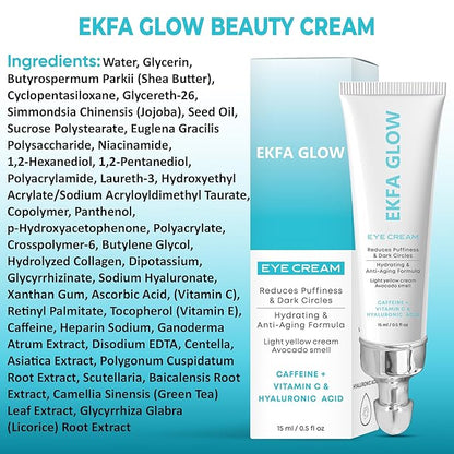 Eye Cream – Reduces Puffiness & Dark Circles & Wrinkles | Hydrating & Anti-Aging Formula | Caffeine, Vitamin C & Hyaluronic Acid | Light Yellow Cream with Avocado Fragrance,15ml