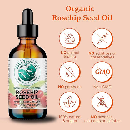 Bella Terra Oils - Organic Rosehip Seed Oil 2 oz - Cold-Pressed Elixir, Rich in Vitamin A, C, & E, Linoleic & Alpha-Linolenic Acid, Perfect Facial Emollient