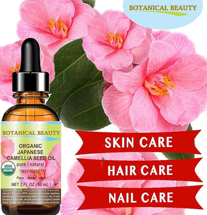 Botanical Beauty Japanese ORGANIC CAMELLIA Seed Oil. 100% Pure Natural Undiluted Refined Cold Pressed Carrier Oil to revitalize and rejuvenate the hair, skin and nails. 1 Fl. oz 30 ml
