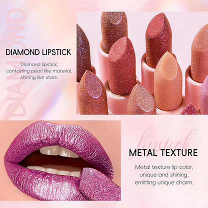 Metallic Pink Lipstick Long Lasting, High Shine Glitter Long