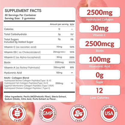 2 Pack Sugar Free Hydrolyzed Collagen Filled Gummies for Women, with 2500mg Collagen Peptide Type I,II,III,V,X, Biotin,Vitamins,Hyaluronic Acid for Skin Hair Nails, 120 Gummies