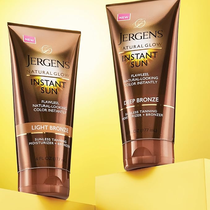Jergens Natural Glow Instant Sun Sunless Tanning Moisturizer + Bronzer, Self Tanner, Deep Bronze, for Natural-Looking Tan, 6 Ounce