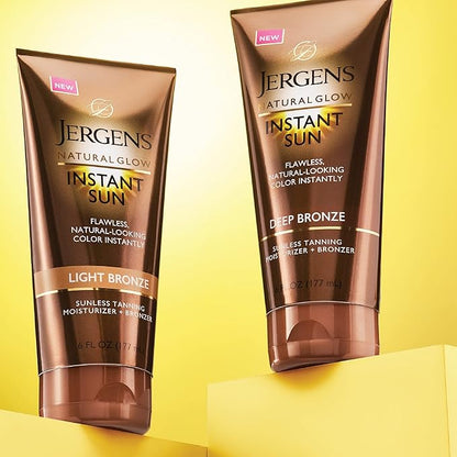 Jergens Natural Glow Instant Sun Sunless Tanning Moisturizer + Bronzer, Self Tanner, Deep Bronze, for Natural-Looking Tan, 6 Ounce