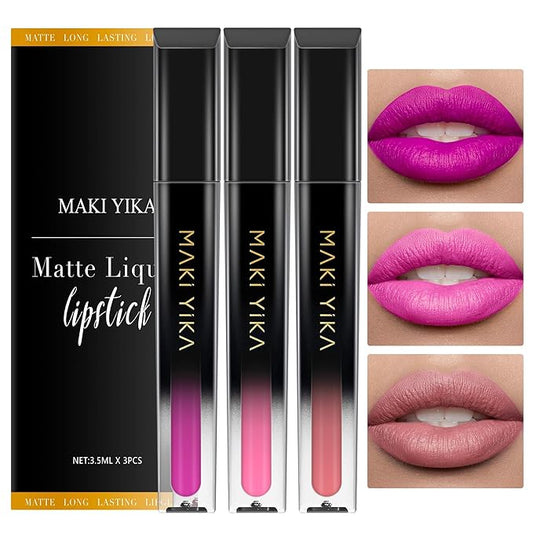 MAKI YIKA 3Pc Matte Lipstick Makeup, Hot Pink Lipstick