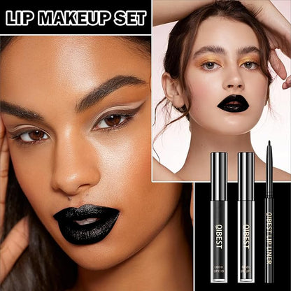 3 in 1 Lipstick and Lipliner Set,Lip Liner and Lipstick Set 3Pcs,Black Matte Lipstick Lip Liner,Moisturizing Velvet Lip Gloss Set,Long Lasting Waterproof Lip Stain Liquid Lipgloss Set for Women Halloween Gothic Makeup