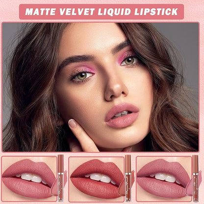3 Colors Nude Matte Lipstick Set Liquid Lipstick Velvet Nude Pink Lipstick Lip Stain Long Lasting Waterproof,Non-Stick Cup Not Fade Lip Gloss Lipstick for Women Lip Makeup Lip Stick Set B