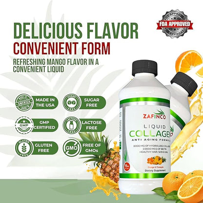 Liquid Collagen for Women & Men-Pine'O'Range Flavored Premium Grade 10000 mcg Biotin+8000 mg of Hydrolyzed Collagen for Radiant Skin Glow,Anti-Aging,Hair Growth & nice Nails.16 fl oz-Made in USA