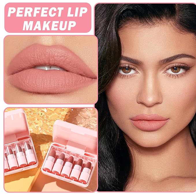 5 Colors Nude Matte Lipstick Set,Smooth Velvety Lip Long