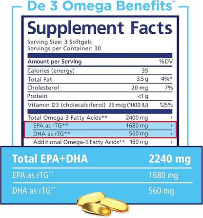 PRN De3 Dry Eye Omega 3 Fish Oil – Support for Dry Eyes - 2240mg EPA & DHA in Triglyceride Formula – New & Improved-Burpless-1 serving, 1-month supply