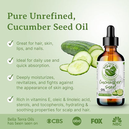 Bella Terra Oils - Cucumber Seed Oil 4oz - A Symphony of Nutrients & Essential Fatty Acids, Cucumber's Gift for Lustrous Skin Brilliance