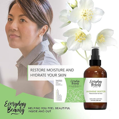 Jasmine Water Facial Toner - All Natural Hydrating Spray Mist for Face and Hair - 100% All Natural Jasmine Water Hydrosol 8oz with Fine Mist Cap