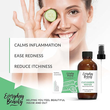 Cucumber Hydrosol Facial Toner - All Natural Hydrating Spray Mist for Face and Hair - 100% All Natural Cucumber Water Hydrosol 8oz with Fine Mist Cap