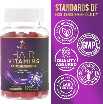 Hair Growth Vitamins Gummy with Biotin 5000mcg - Hair, Skin & Nails Vitamin Supplement for Women & Men, Supports Thicker Hair, Radiant Skin & Stronger Nails with Vitamin E, C & Zinc - 60 Gummies