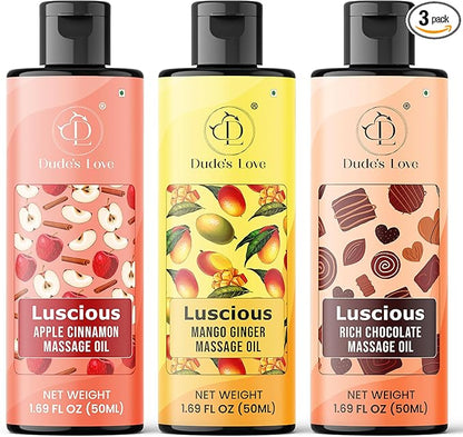 Dude's Love Luscious Flavored Massage Oil Set - Pack of 3 - Organic - Chocolate, Apple Cinnamon, Mango Ginger - Non-Sticky, Nourishing & Moisturizing - Aromatherapy Vegan Oil - 1.69 FL OZ x3