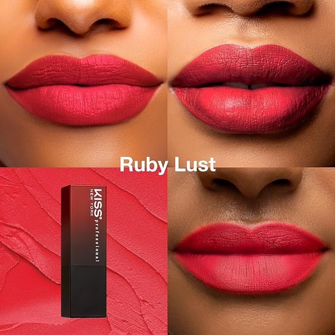 KISS NEW YORK Professional Rich Pigmented Lipstick, Smooth&Creamy Satin Finish, Long Lasting, Infused with Shea Butter and Vitamin E (Ruby Lust)
