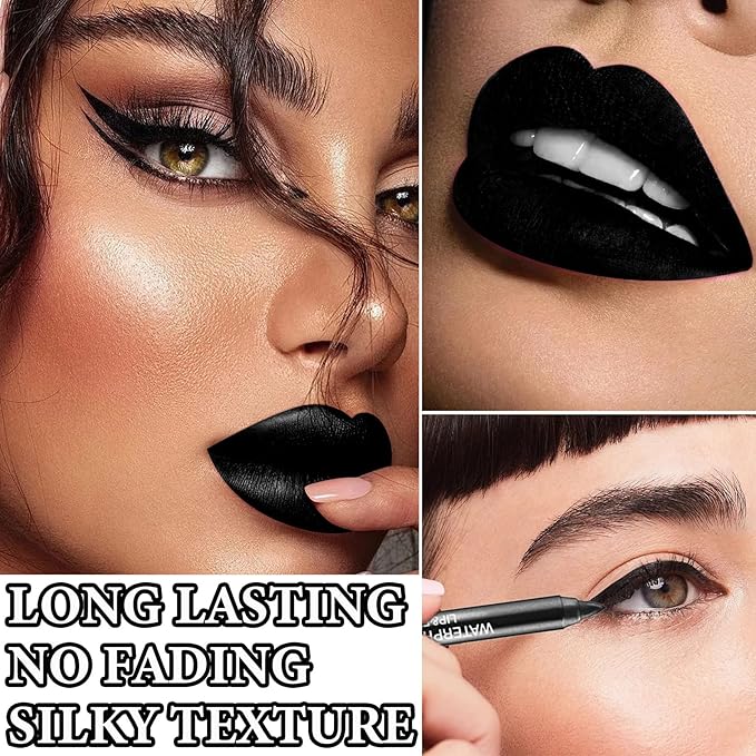 2Pcs Black Lip Liner and Lipstick Set,Matte Black Smudge