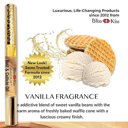 Bliss Kiss | 1 Vanilla Fragrance | Nail Oil Cuticle Pen w/Vitamin E & Jojoba⏤Nail Strengthener Nail Growth Serum for Brittle Peeling Breaking Thin Nails