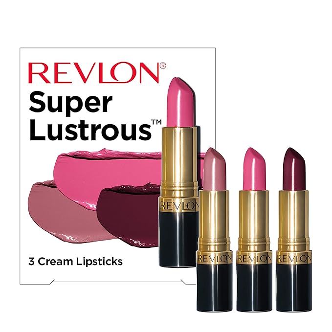 REVLON Lipstick Set, Super Lustrous 3 Piece Gift Set, High Impact, Moisturizing, Cream Finish in Pink, Plum & Berry, Pack of 3