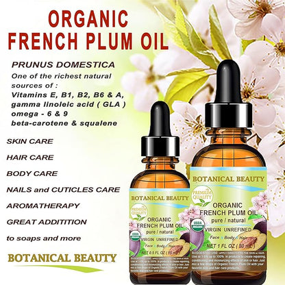 Botanical Beauty Organic French PLUM OIL 100% Pure Natural VIRGIN UNREFINED Cold-Pressed Carrier Oil 2 Fl oz 60 ml for Face, Skin, Body, Hair, Lip, Nails. Rich in Vitamin E, Omega 6, Omega 9