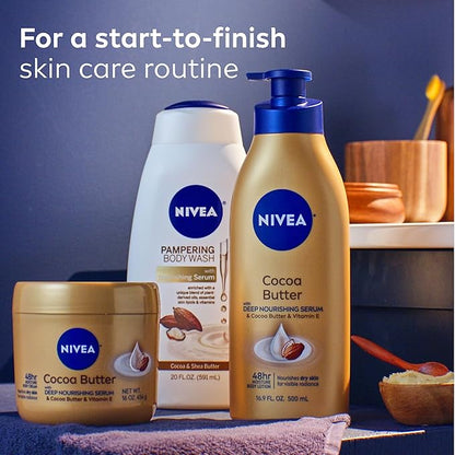 NIVEA Cocoa Butter Body Lotion with Deep Nourishing Serum, Cocoa Butter and Vitamin E, 48-Hour Moisturizing Body Lotion for Dry Skin, Nourishes Dry Skin for Visible Radiance, 16.9 Fl Oz Pump Bottle