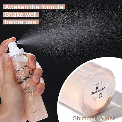 UCANBE Shimmer Dewy Setting Spray – Glowing + Makeup Setting Spray 2 in 1 Lightweight Formula for a Radiant Glow,Long-Lasting Face Mist for Face Body, 4 Fl Oz #Silver