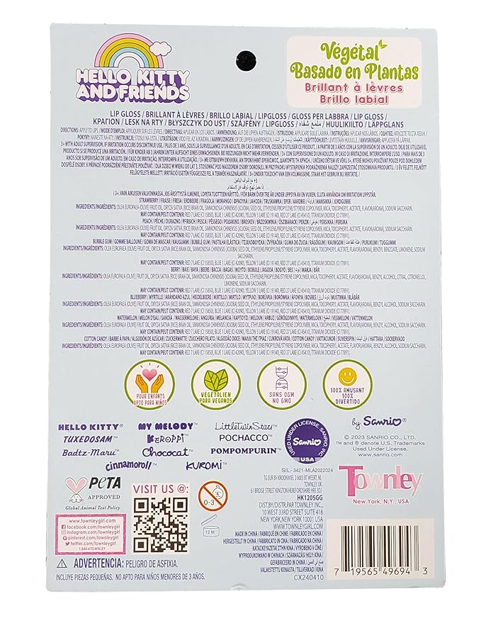 SANRIO Hello Kitty Lip Gloss Hello Kitty & Friends Lip Gloss, Plant Based Multi-Flavored, 7 Lip Glosses