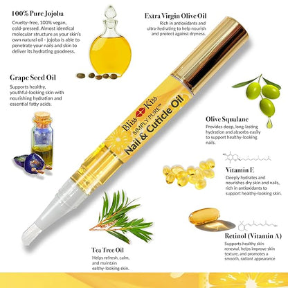 Bliss Kiss | Crisp Fragrance 4 Nail Oil Cuticle Pens w/Vitamin E & Jojoba⏤Nail Strengthener Nail Growth Treatment for Brittle Peeling Breaking Thin Nails