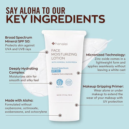 Hanalei Kukui Body Lotion 200ml and Face Moisturizer with SPF 50 Mineral Sunscreen 1.7 Oz - Cruelty Free (2-Pack Bundle)