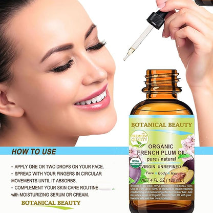Botanical Beauty Organic French PLUM OIL 100% Pure Natural VIRGIN UNREFINED Cold-Pressed Carrier Oil 2 Fl oz 60 ml for Face, Skin, Body, Hair, Lip, Nails. Rich in Vitamin E, Omega 6, Omega 9