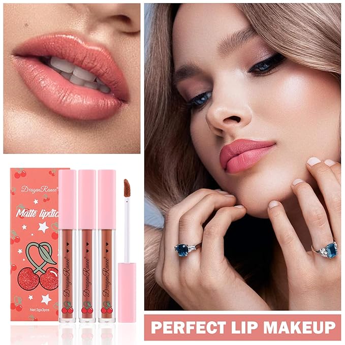 3PCS Matte Nude Lipstick Set Liquid Lipstick Lip Gloss Set,Matte Velvety Lip Stick High Pigmented Lip Tint Lip Stain Set for Daily Makeups - Set C