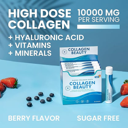 Swedish Nutra - Collagen Beauty | 10,000 mg Hydrolyzed Marine Collagen Liquid Supplement - 30 x 25 ml Daily Shots | Hyaluronic Acid and Vitamin C to Support Healthy Hair, Skin, Nails | Sugar-Free