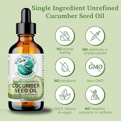 Bella Terra Oils - Cucumber Seed Oil 8 oz - Dive into Cucumber's Nutritional Treasure, Infused with Vitamins & Omega-3, Seamless Addition to Skin Care Arsenal