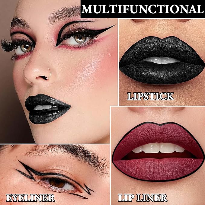 2Pcs Black Lip Liner and Lipstick Set,Matte Black Smudge