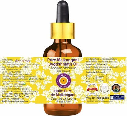dève herbes Pure Malkangani (Malkangani/Jyotishmati Oil (Celastrus paniculatus) with Glass Dropper Cold Pressed 30ml (1 oz)